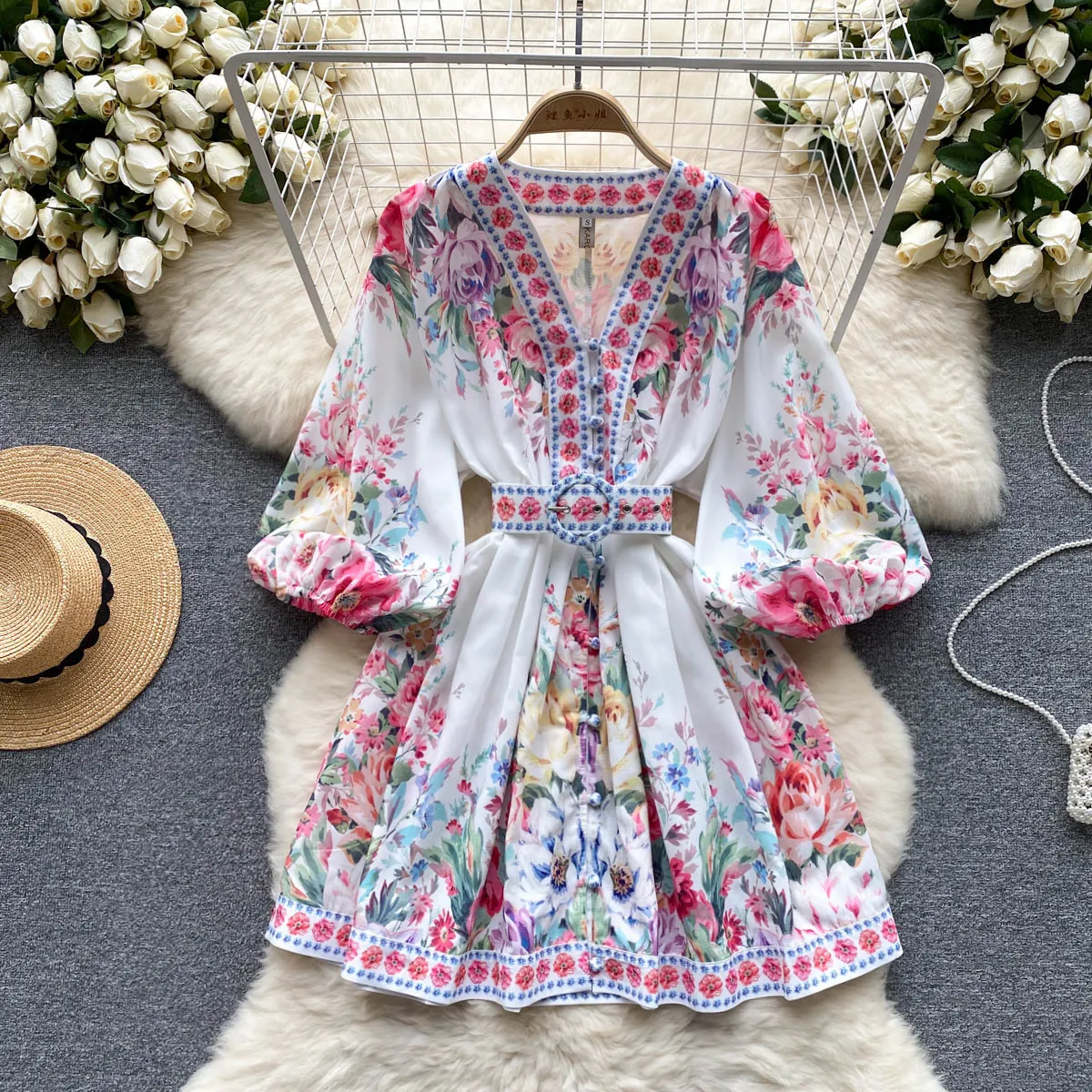lantern runway floral dress 2024 Women's High Waist A-Line Mini Short White boho dress with Lantern Sleeves, Down Belt, and Down Hanging for Spring/Summer Runway Fashion