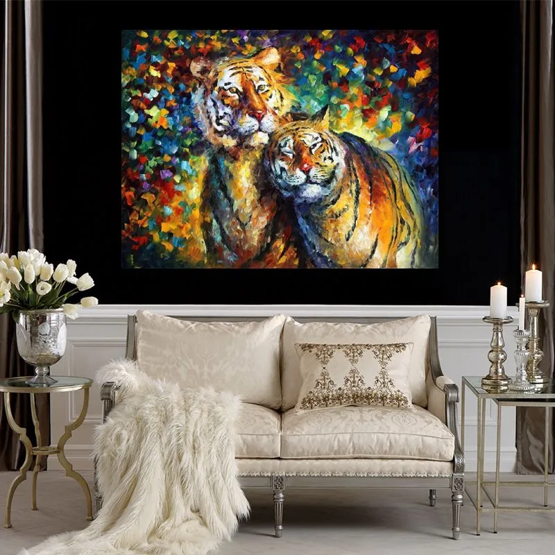 Art animalier vibrant sur toile tigres douceur peinture à l'huile contemporaine faite à la main pour mur de salon