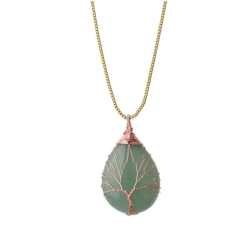 Pendant Necklaces Tree Of Life Wire Wrap Water Drop Necklace Natural Gem Stone Diy Jewelry Making Delivery Pendants Dhhgk