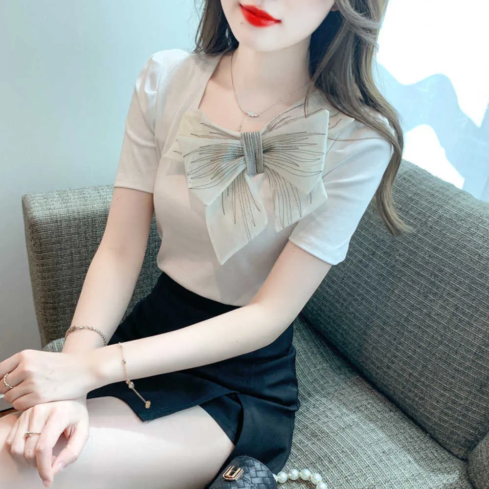 2023 Summer New Square Neck Bow Spliced T-shirt à manches courtes Women's Design Sense Small and Fashioned Top blouses femmes dames chemises