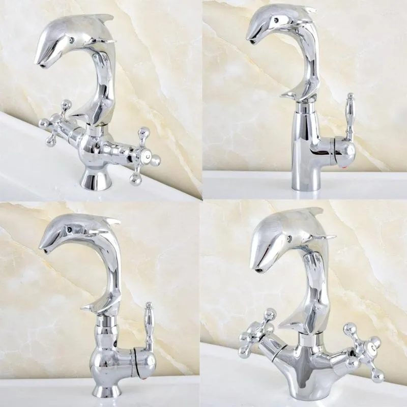 Bathroom Sink Faucets Dolphin Style Polished Chrome Brass Deck Mounted Basin Faucet Vessel Water Mixer Tap