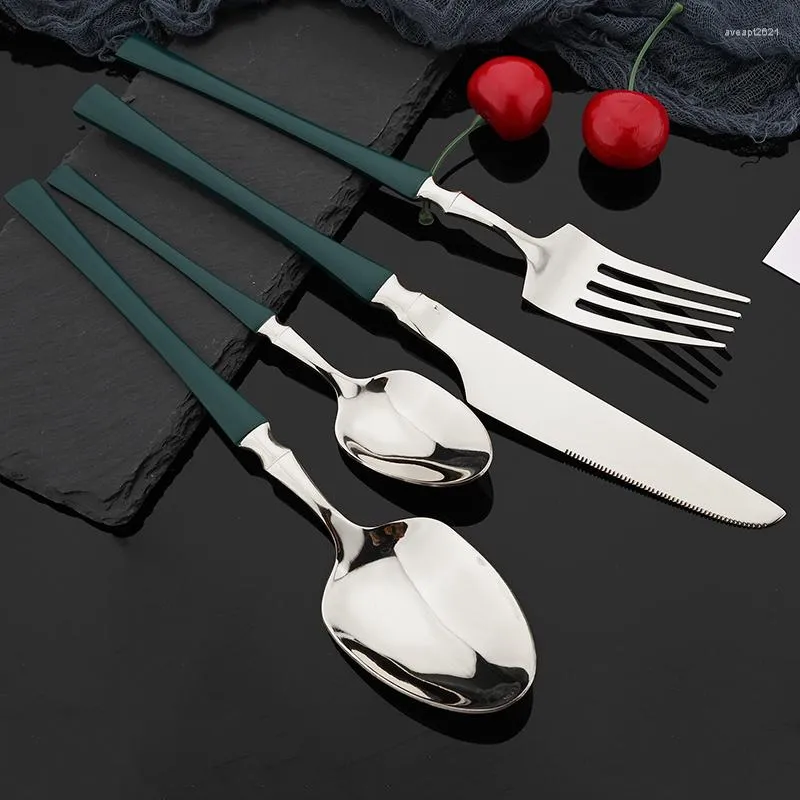 Juegos de vajilla 16 unids/set espejo verde plata juego de cubiertos de acero inoxidable cuchillo tenedor cuchara de café restaurante vajilla de cocina
