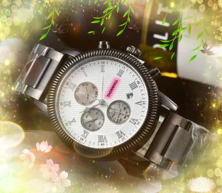 Tous les cadrans fonctionnent marque hommes montres trois yeux complet fonctionnel numéro romain cadran horloge acier inoxydable bande quartz importé cristal miroir batterie montre