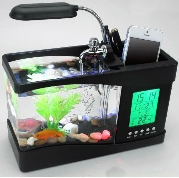 Aquariums Aquarium USB Mini Aquarium Fish Tank Aquarium med LED -lampljus LCD -skärm och klocka Fish Tank Aquarium 230617