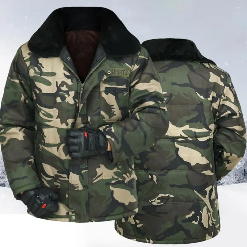 Heren Jassen Flurry Revers Heren Jas Rits Sluiting Winter Verdikte Pluche Voering Katoen Overjas Camouflage Print Fluwelen Cargo Jas