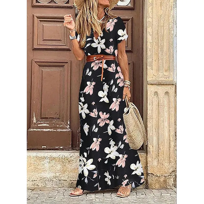 Urban Sexy Dresses Fashionabla Bohemian Print Dres Elegant V Neck Short Sleeve Belt Large Hem Beach Long High Split Maxi 230617