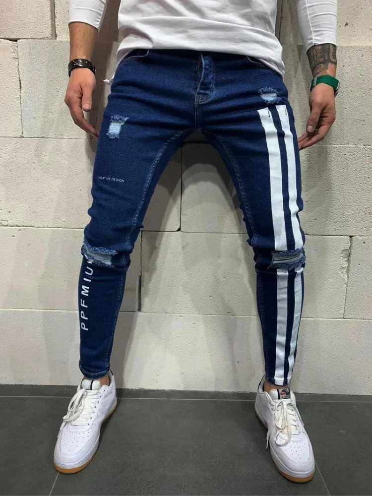 Moda Streetwear Masculino Jeans Vintage Cor Azul Fino Destroyed Jeans Rasgados Calças Punk Quebradas Homme Hip Hop Jeans Masculino