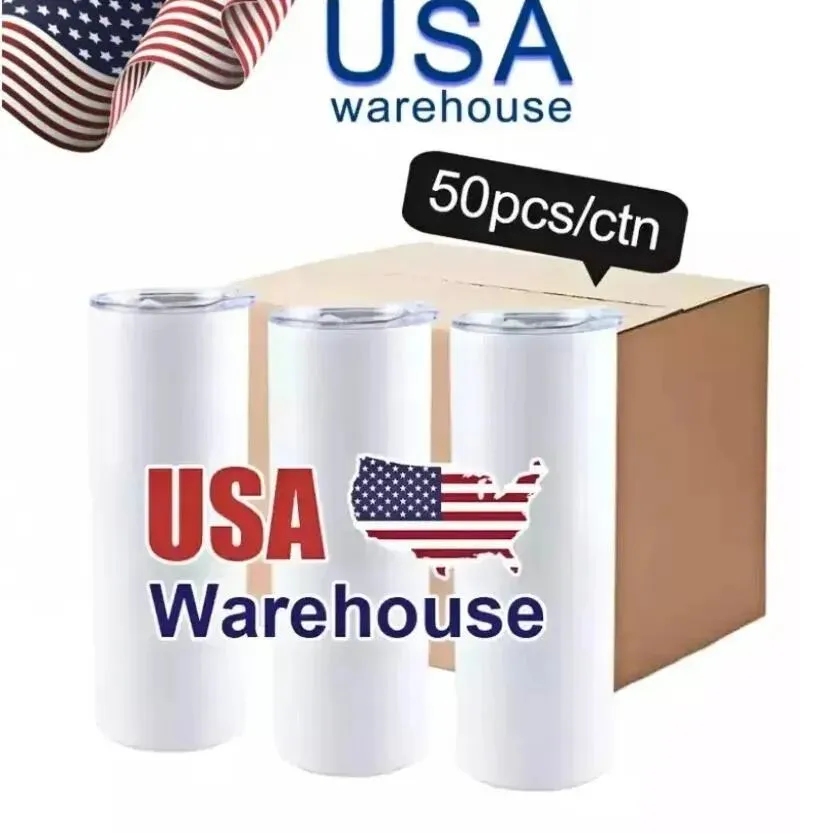 US CA Stock Sublimationsbecher 20 Unzen Edelstahl gerade leere Tassen weißer Becher mit Deckel und Strohhalm für Wärmeübertragung DIY Geschenk Kaffeetasse Flasche