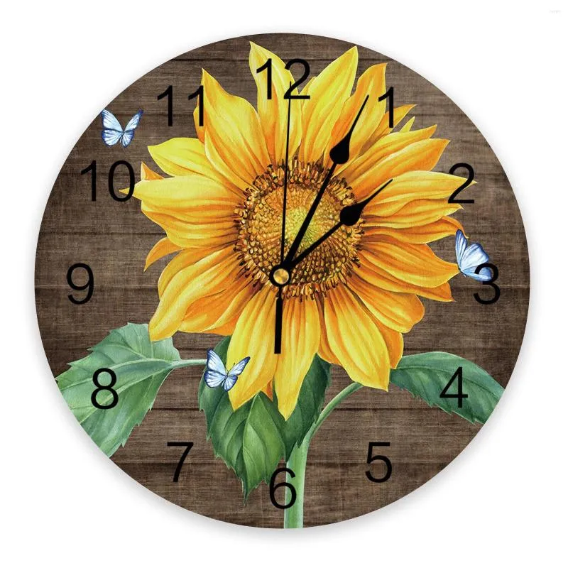 Wall Clocks Sunflower Flower Butterfly Wood Grain Print Clock Art Silent Non Ticking Round Watch For Home Decortaion Gift