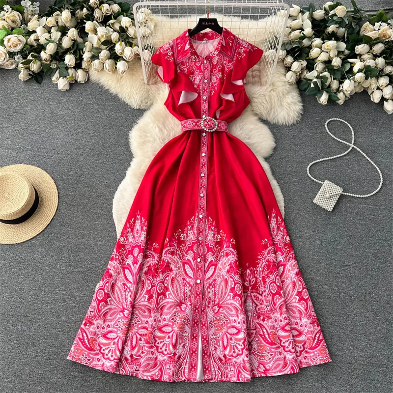 Abiti casual 2023 Summer Women Abito lungo con stampa vintage con cintura Abiti eleganti Ruffles Senza maniche Risvolto Abiti da donna monopetto 2023