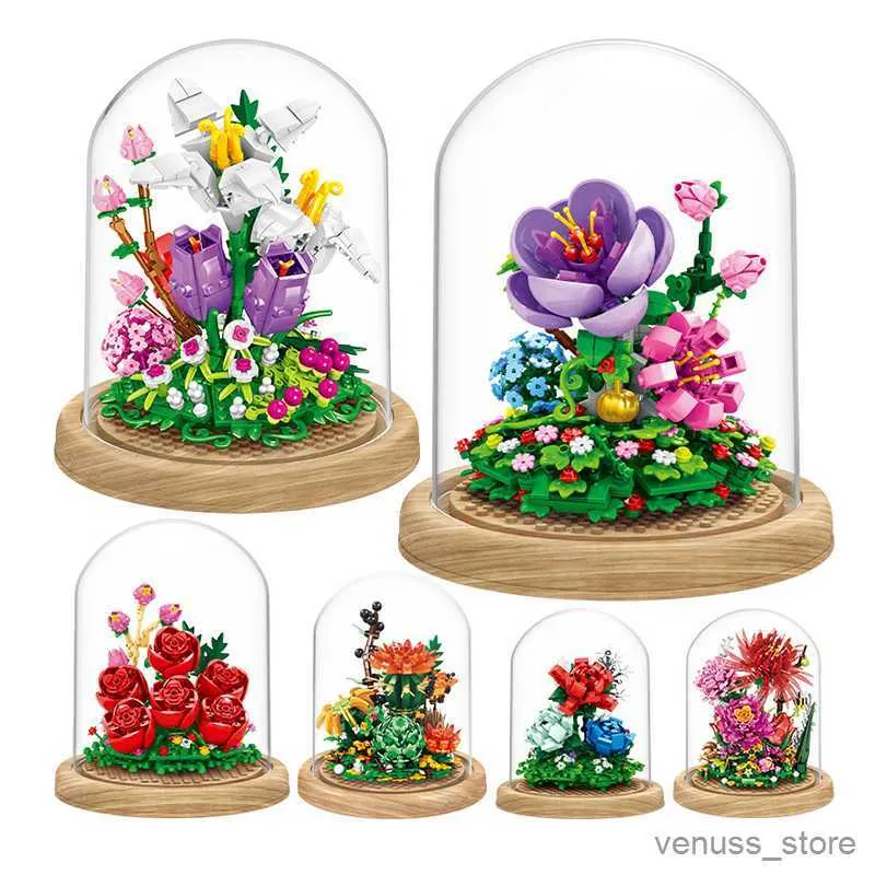 BLOCKS Byggnadsblock Flower Creative Toys Home Roses Potted Dust Cover Ornaments Children's Education Assembly Toys Gifts R230629