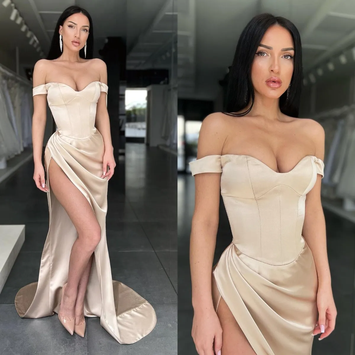 Sexy Champagne Prom Dresses Off Shoulder Party Evening Gowns Pleats Slit Semi Formal Red Carpet Long Special Occasion dress