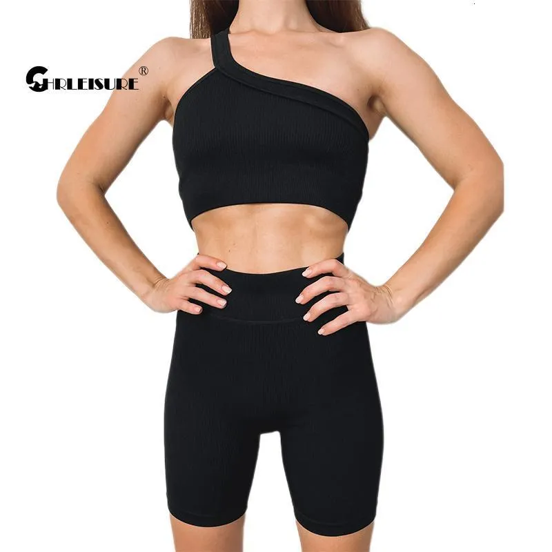 CHRLEISURE Ensemble de yoga pour femme Tenues d'entraînement côtelées sans couture Leggings de fitness taille haute avec haut court Combinaison de sport 2 pièces 230616