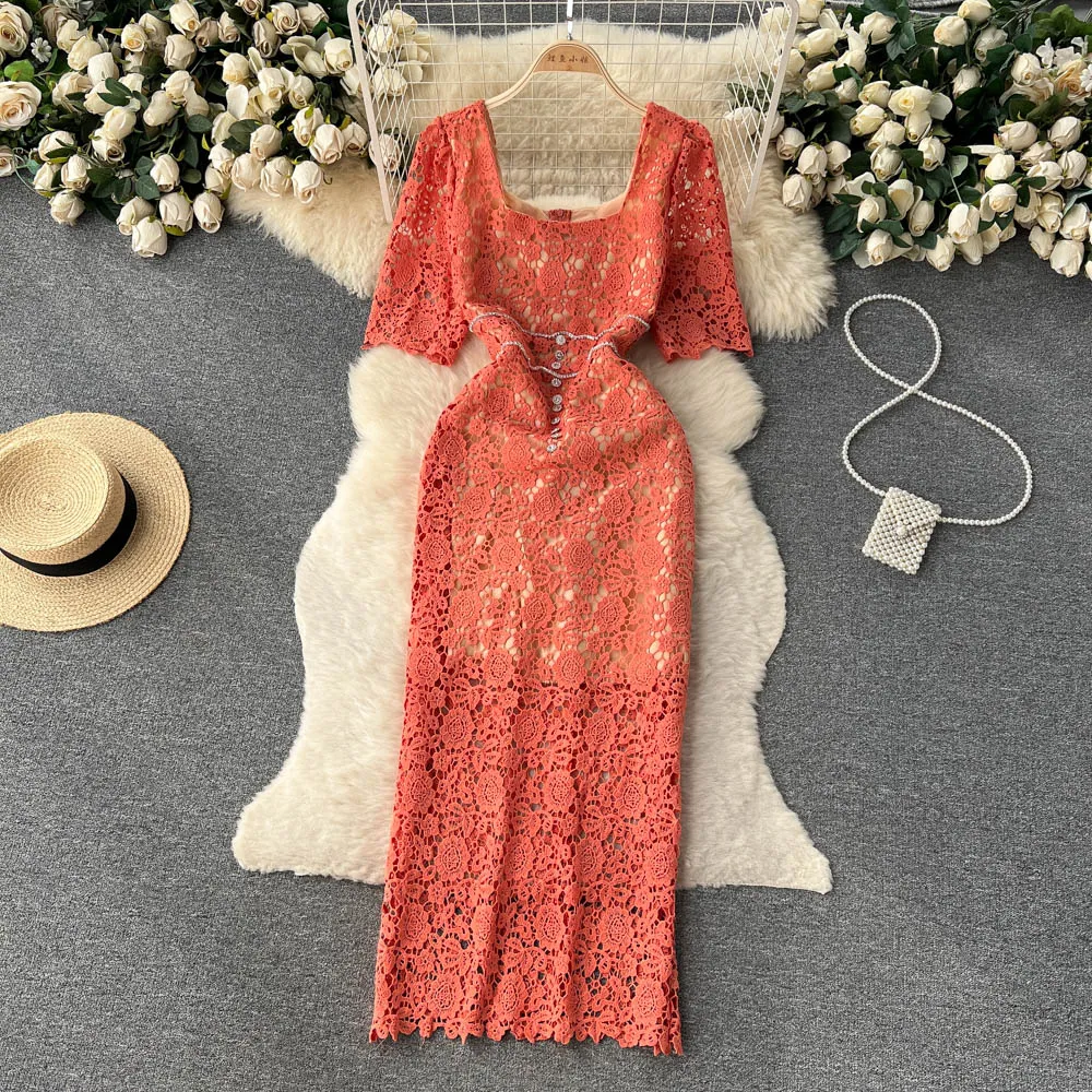 Casual Dresses French Square Neck Hollow Hook Flower Diamond Lace Wrap Hip Dress for Women's Summer Celebrity Retro Party Clothes Vestidos 2023