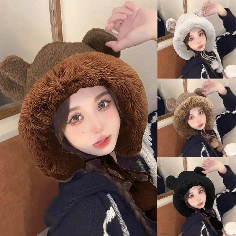 Berets Women S Winter Hat With Ear Cute Hairball Lei Feng Female Autumn And Warm Fluffy Cover For Cold Snow Man