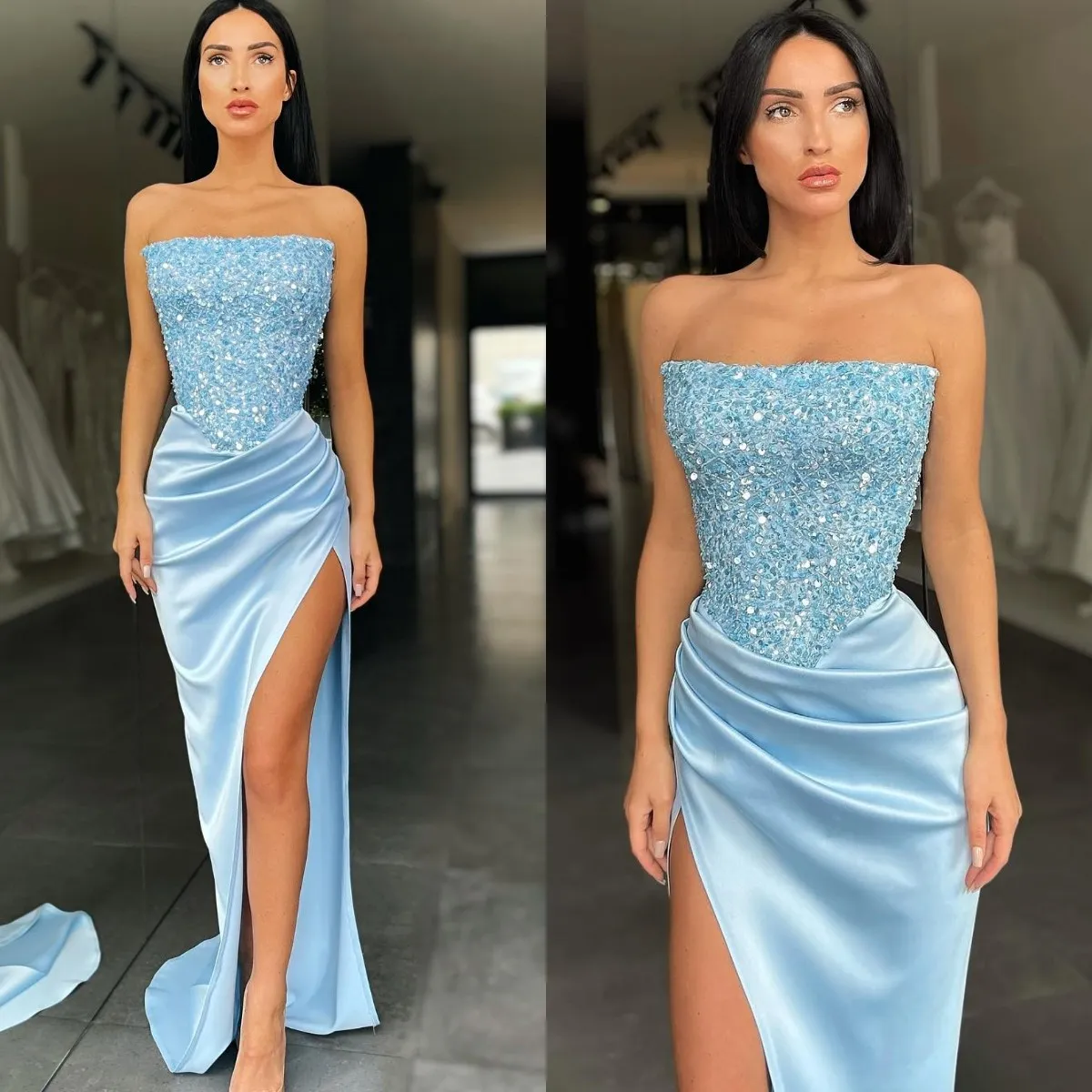 Sexy Baby Blue Prom Dresses Strapless Sequins Top Party Evening Gowns Pleats Slit Semi Formal Red Carpet Long Special Occasion dress