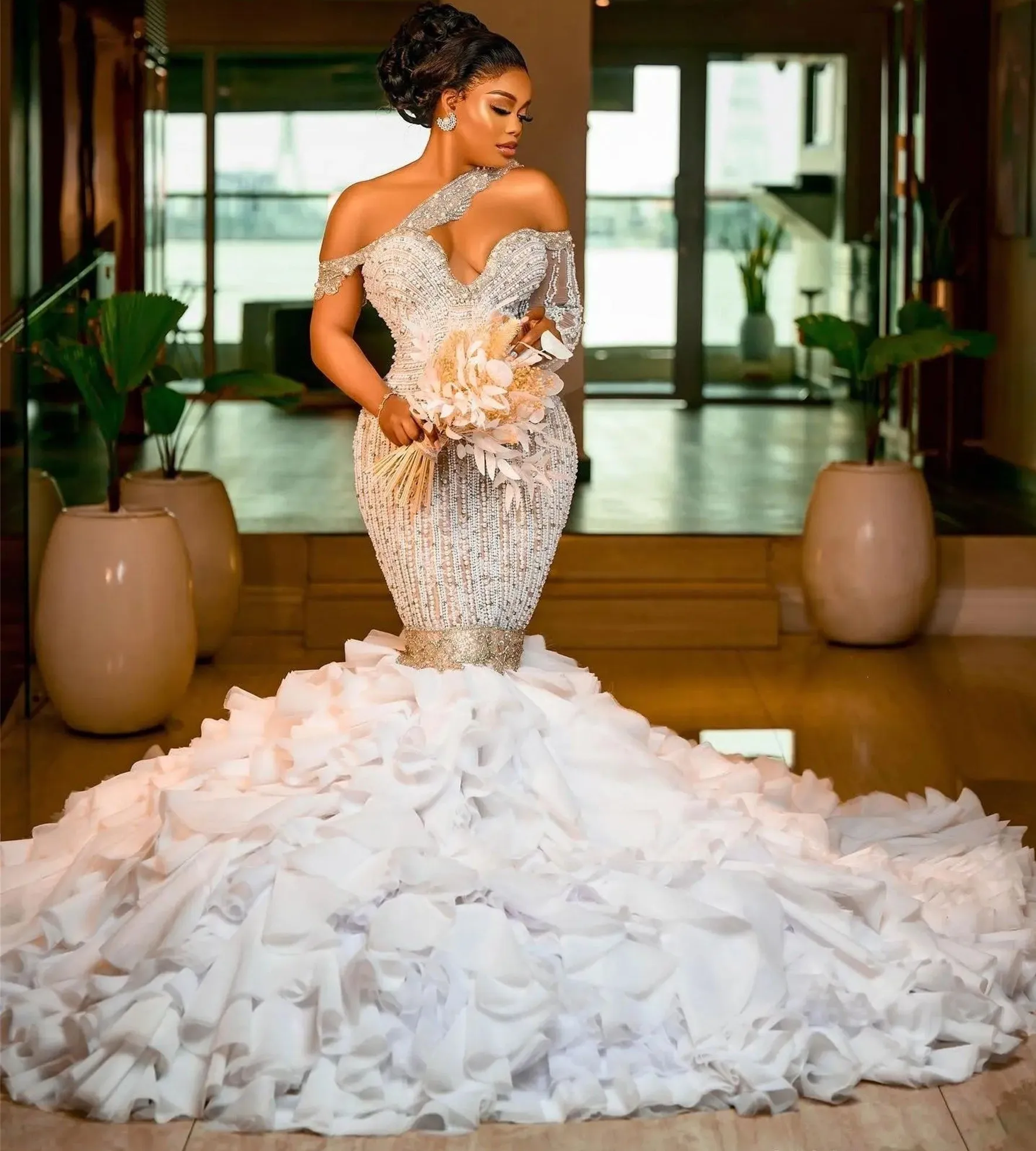 Simple Satin Mermaid Gown With Organza Ruffle Bow Train, Chic Wedding Dresses Simple Satin Mermaid Gown With Organza Ruffle Bow Train, Chic Wedding Dresses