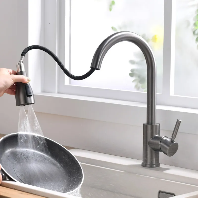 Bathroom Sink Faucets Brushed Nickel Kitchen Single Hole Pull Out Spout Mixer Tap Stream Sprayer Head ChromeMixer 230617