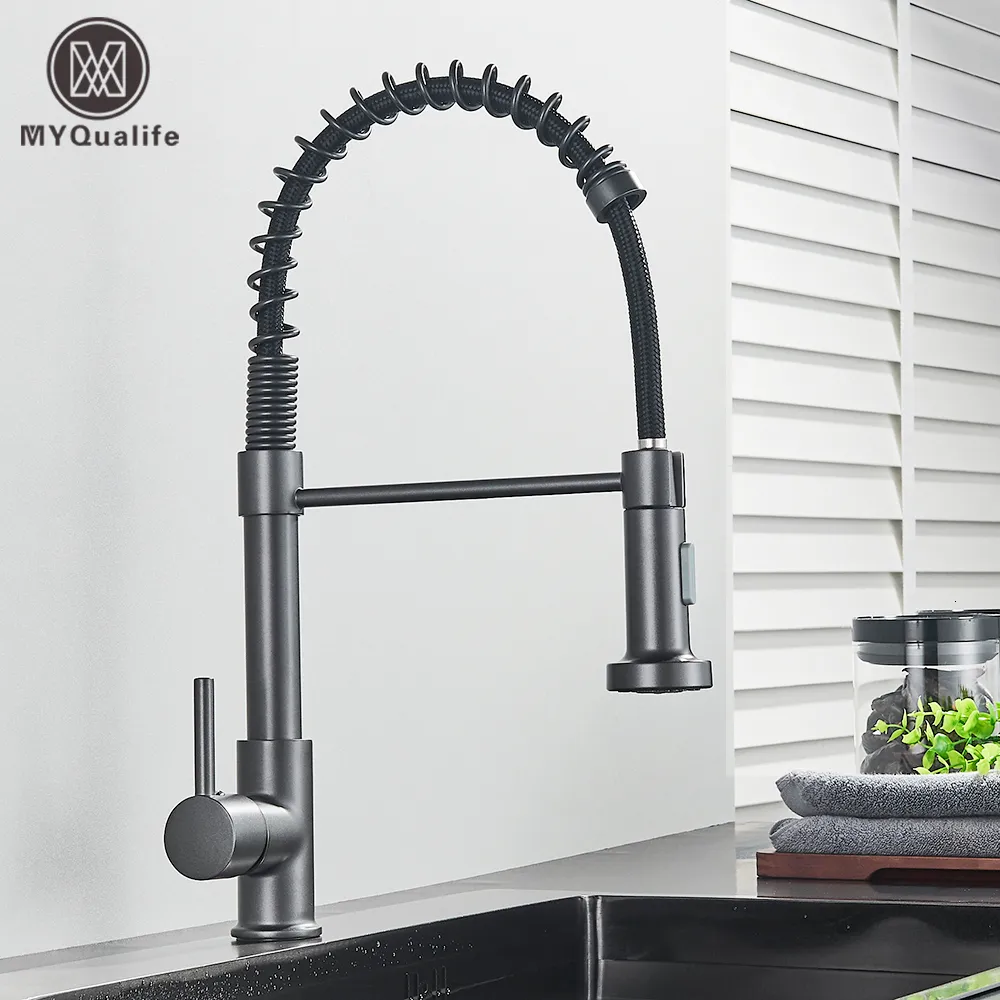 Bathroom Sink Faucets Silver Gray Kitchen Faucet One Handle Spring and Cold Water Tap Deck Mounted Matte black Crane 230616