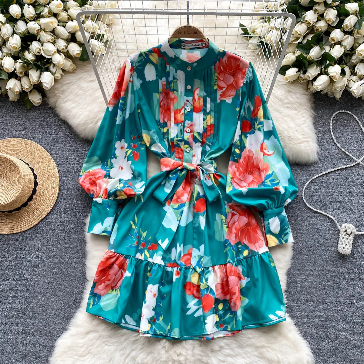 Casual Dresses Runway Summer Holiday Short Dress Women Clothing Ruffles Stand Collar Lantern Sleeve Flower Print Belted Mini Vestidos 2023