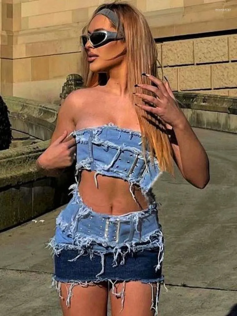 Casual Dresses Sexy Woman 2023 Summer Denim Patchwork Corset Top Package Hip 2 Pieces Set Streetwear Girls Fashion Mini Skirts Suits