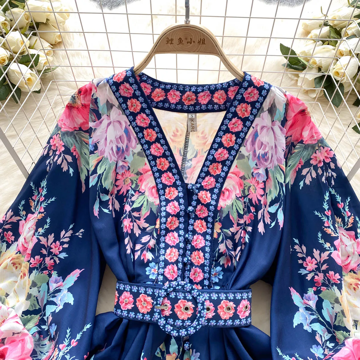 Runway Dresses Women Spring Summer Flower Beach Dress Runway V-Neck Lantern Sleeve Buttons Down Belt High Waist A-Line Mini Short Dress 2023