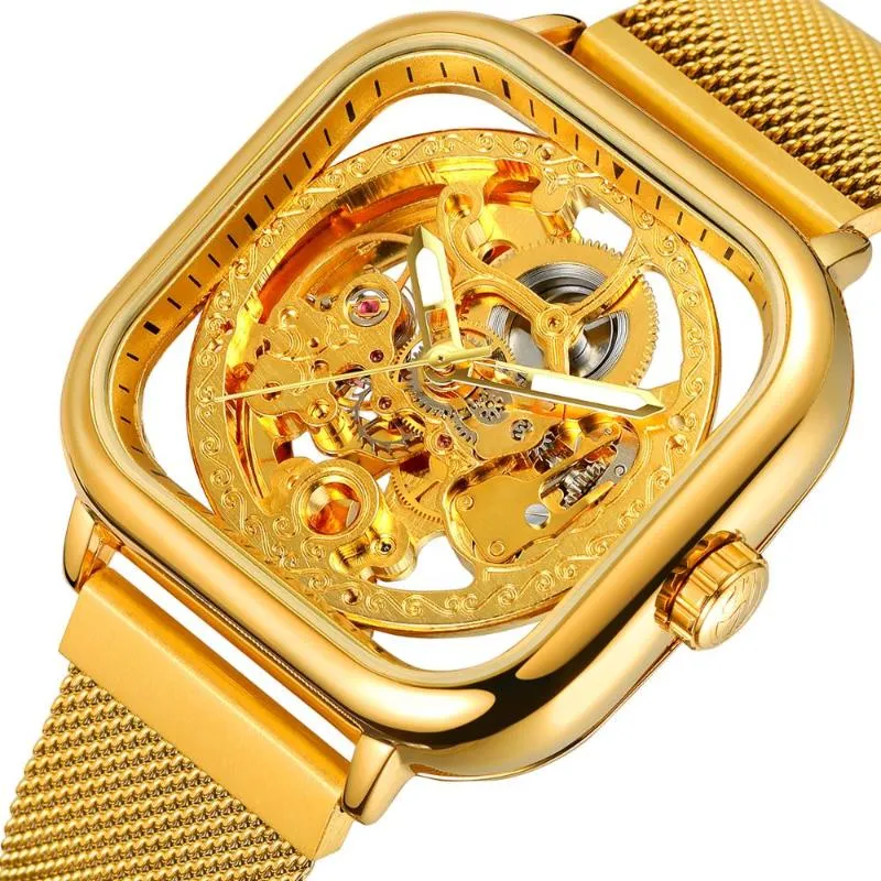 Montres-bracelets Forsining Golden Men Montre automatique Square Skeleton Mesh Steel Band Mécanique Horloge d'affaires Relogio Masculino Erkek Kol Saat