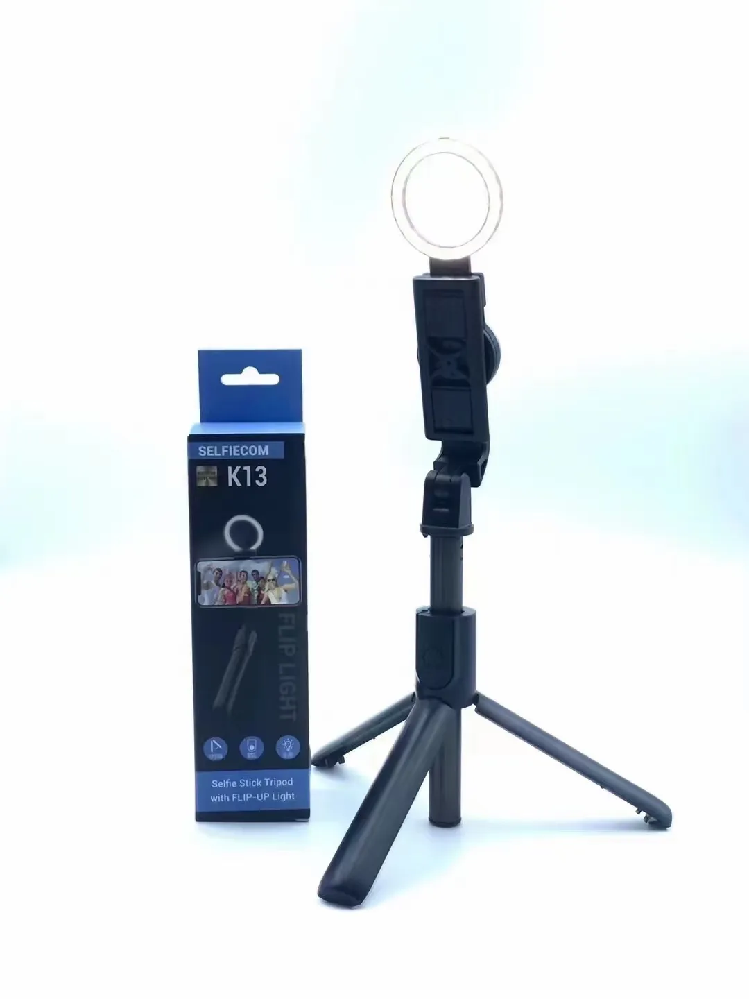 Multi-fonction K13 Selfie Monopods Sans fil Bluetooth Remote Extensible Selfie Stick Avec FLIP-UP Light Support de support de téléphone portable Trépied d'appareil photo