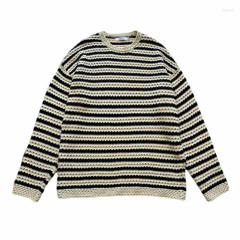 Men's Sweaters Autumn Vintage Hollow Out Contrast Stripe Knit Shirt For Men's Design Sense Korean Version Lazy Wind Mesh Red High Grade