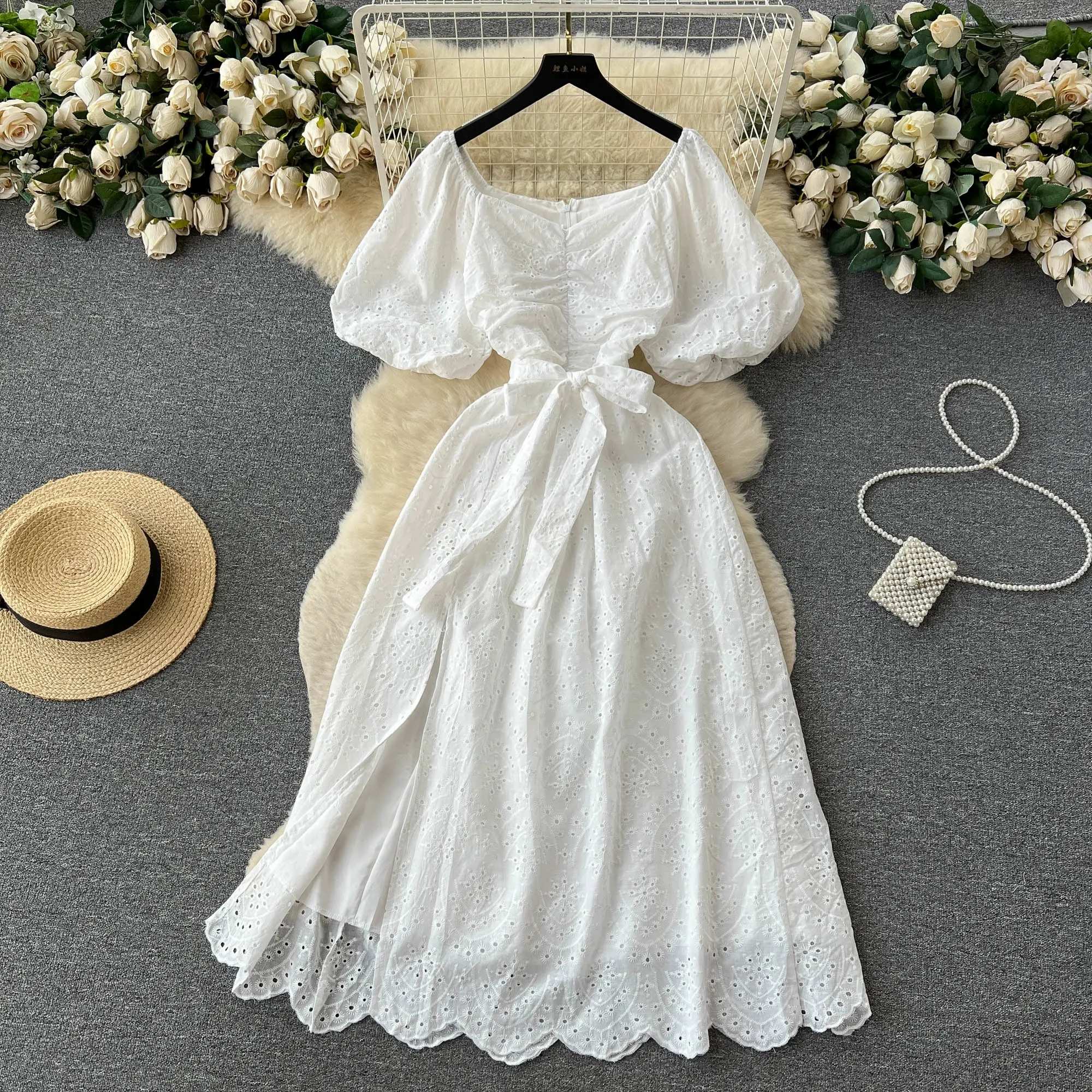 Summer New Split Date Square Neck First Love Fairy Abito French Sweet Temperament Tea Break Dress