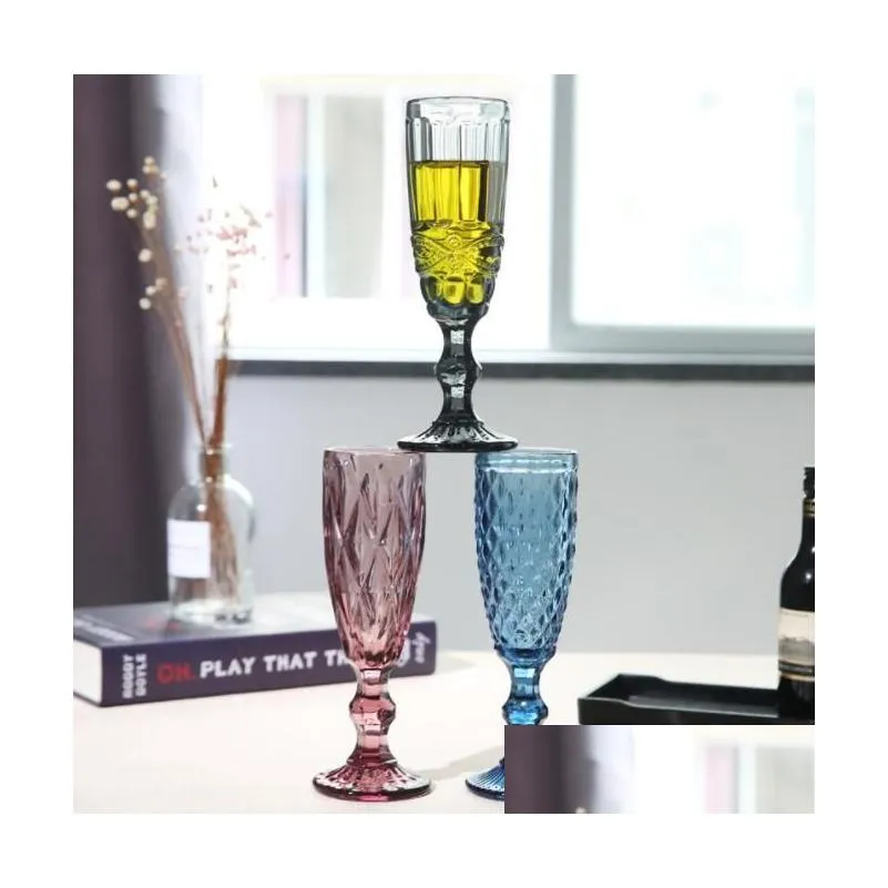 Wine Glasses Wholesale 150Ml 4Colors European Style Embossed Stained Glass Lamp Thick Goblets Drop Delivery Home Garden Kitchen Dini Dhe0D