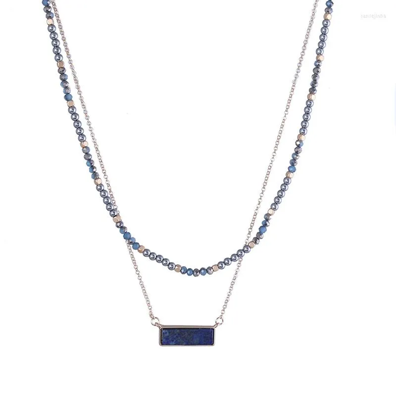 Hänghalsband flera lager lapis lazuli pärlpärlor halsband fyrkantig natursten