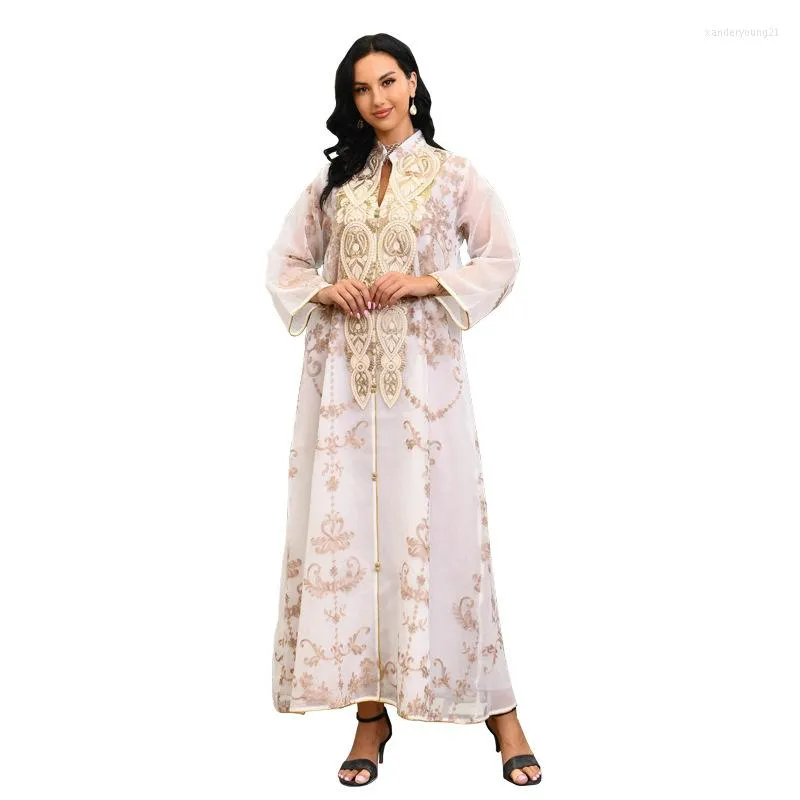 Abbigliamento etnico Ab188 Musulmano Medio Oriente Dubai Robe Mesh Ricamo Applique Abito Moda Abito da sera Abiti da festa lunghi in stile saudita