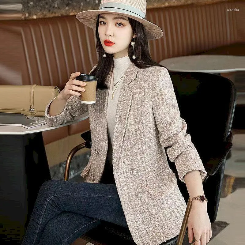 Elegant Tweed Blazer Women's Oversized Blue Suit Jacket, Korean Style,  Double Breasted with Pearl Buttons, Vintage Spring/Autumn Outerwear