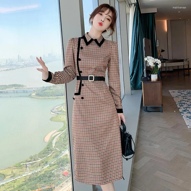 Casual Dresses Chinese Style Retro Dress 2023 Spring Cheongsam Slim Plaid Mid-length POLO Collar Button With Belt Knee-length