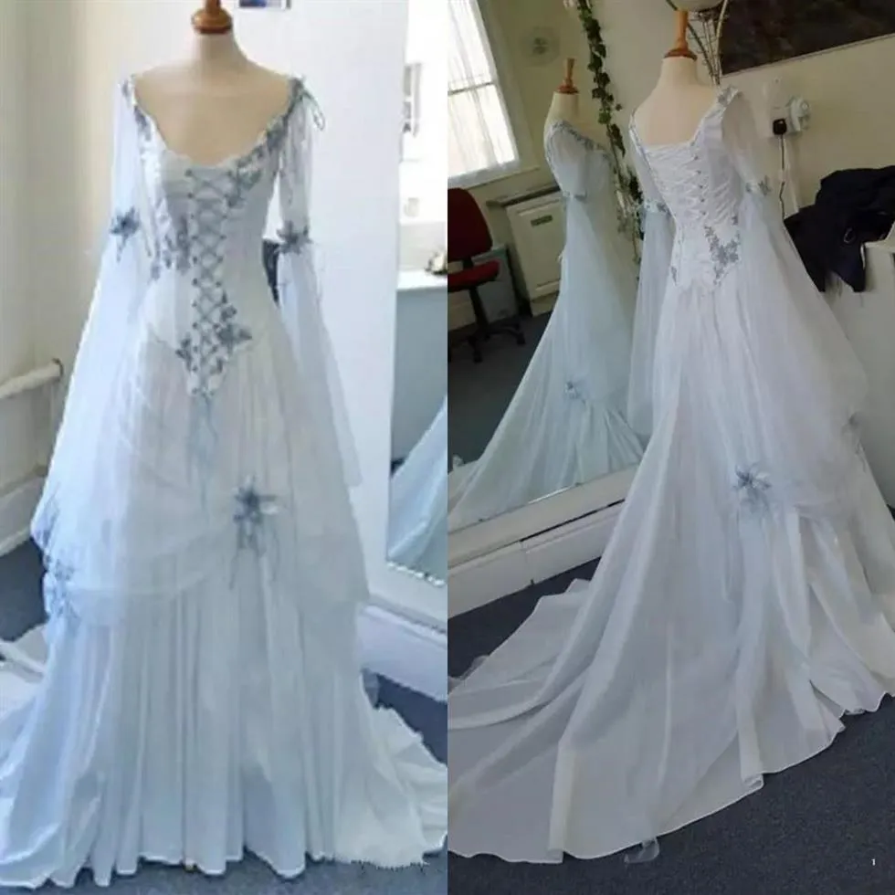 Vintage celtyckie suknie ślubne białe i jasnoniebieskie kolorowe średniowieczne wiejskie sukienka ślubna gorset długi dzwonek aplikacji WEDDI2851