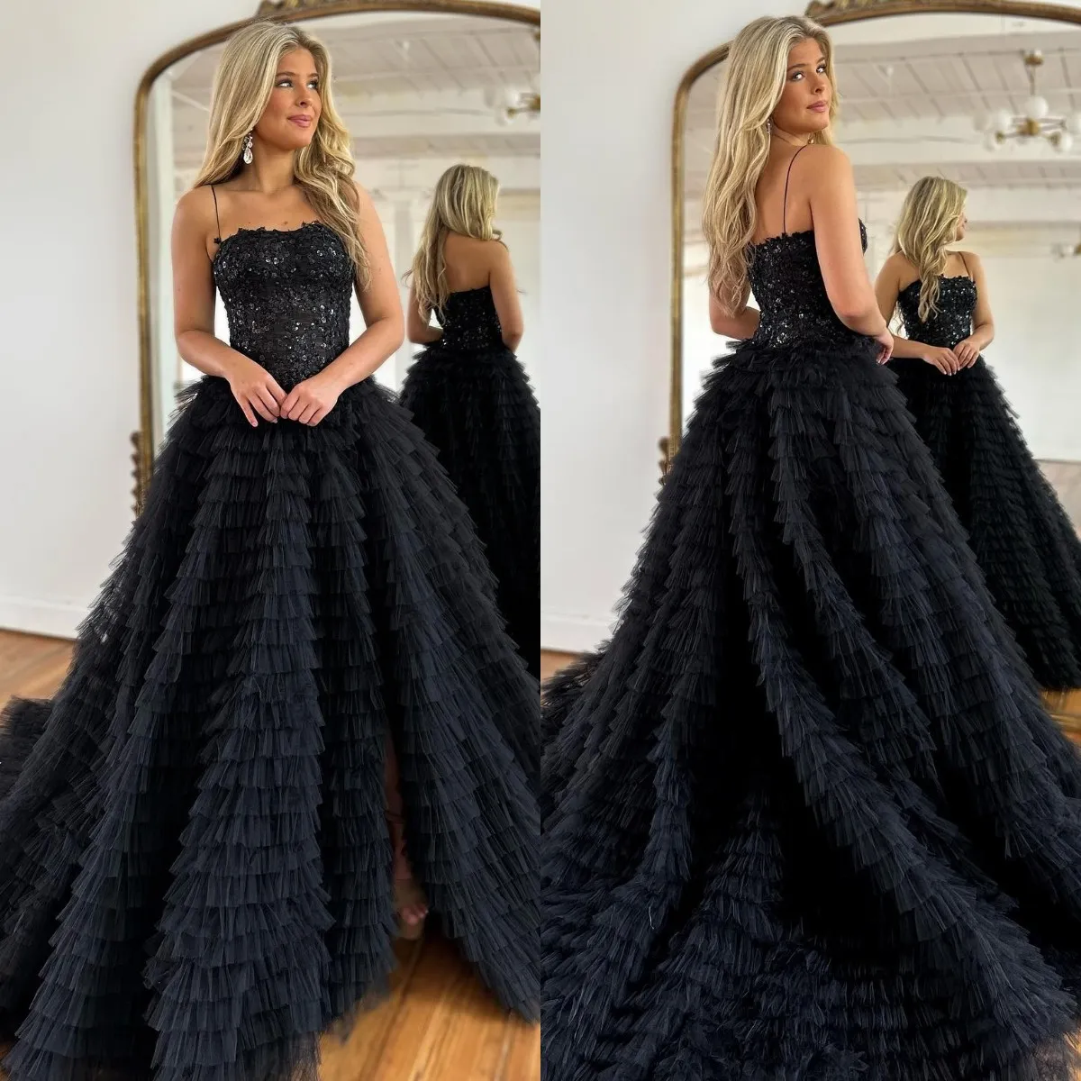 Elegant Black Prom Dresses Sequins Top A Line Party Evening Gowns Pleats Tiered Skirt Slit Semi Formal Red Carpet Long Special Occasion dress