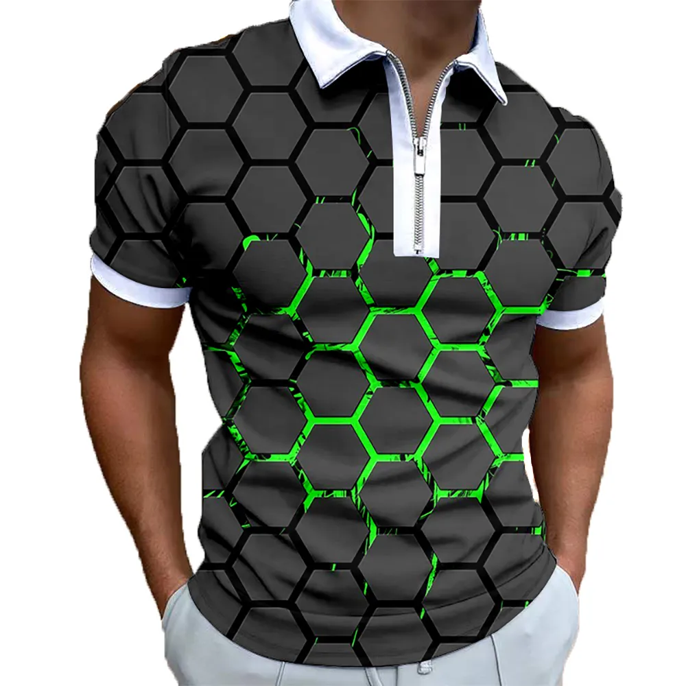 Polo Masculino Verão Masculino Camisa Pólo de Manga Curta Meninos Zipper Lapela T-shirt Tops Inglaterra Estilo Abstrato Geométrico Impressão 3D Roupas de Golfe 230617