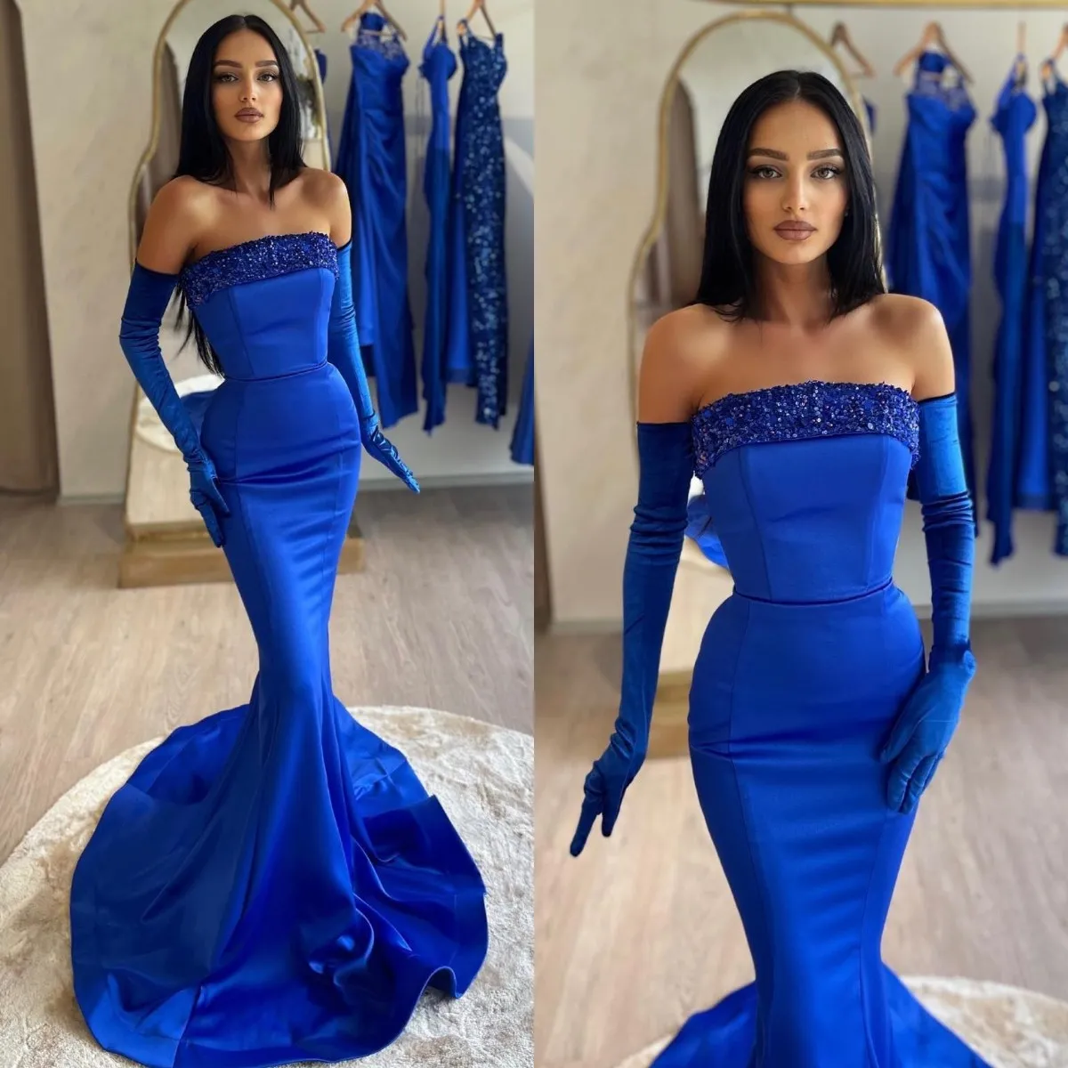 Elegant Royal Blue Prom -jurken pailletten Strapless Mermaid Party avondjurken Formele lange speciale OCN -jurk