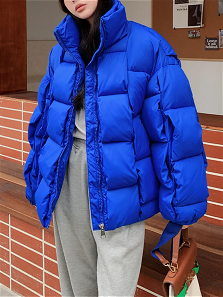 Qnpqyx novo inverno parkas para mulheres outono coreano moda casacos de grandes dimensões tecer xadrez puffer jaqueta engrossar quente verde azul outerwear
