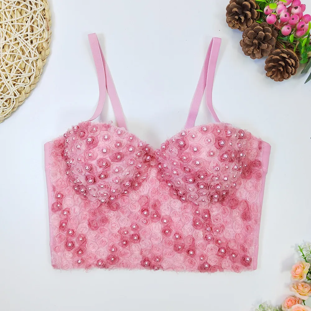 New Fashion Lace Bandeau Wears Women Sexy Sleeveless Flowers Sweet Fishbone Beaded Short Bustier Corset Crop Tops Mujer 2023