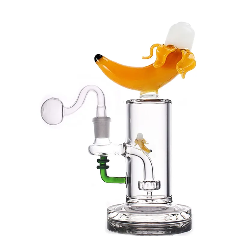 Unique Hookahs Banana Shape Glass Oil Burner Bongs Showerhead Perc Percolator 14mm Female Joint Oil Dab Rigs Bong with Male Glass Oil Burner Pipes