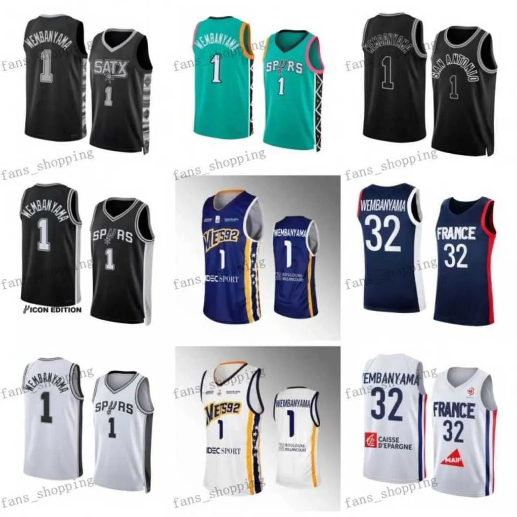 2023-24 First Draft # 1 Victor Wembanyama Maglie da basket bianco nero Uomo Donna bambini città Levallois Metropolitans Mets92 Blue Stitched