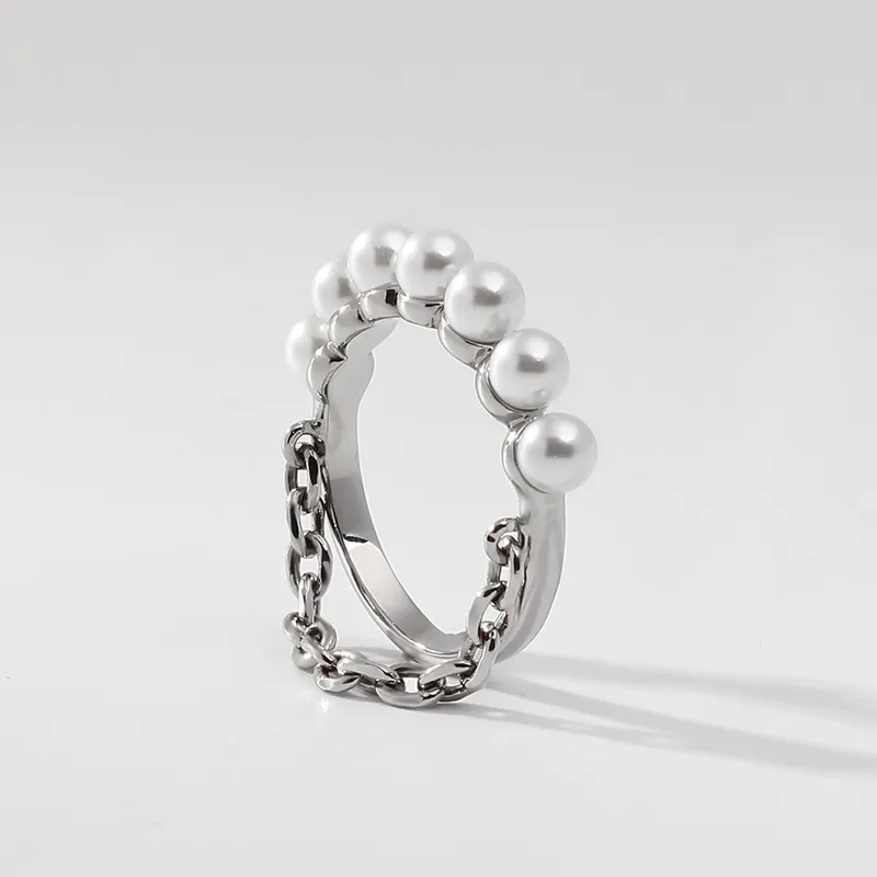 Anneaux de perles d'eau douce naturelles de mode pour les femmes Double couche chaîne en métal anneau géométrique irrégulier
