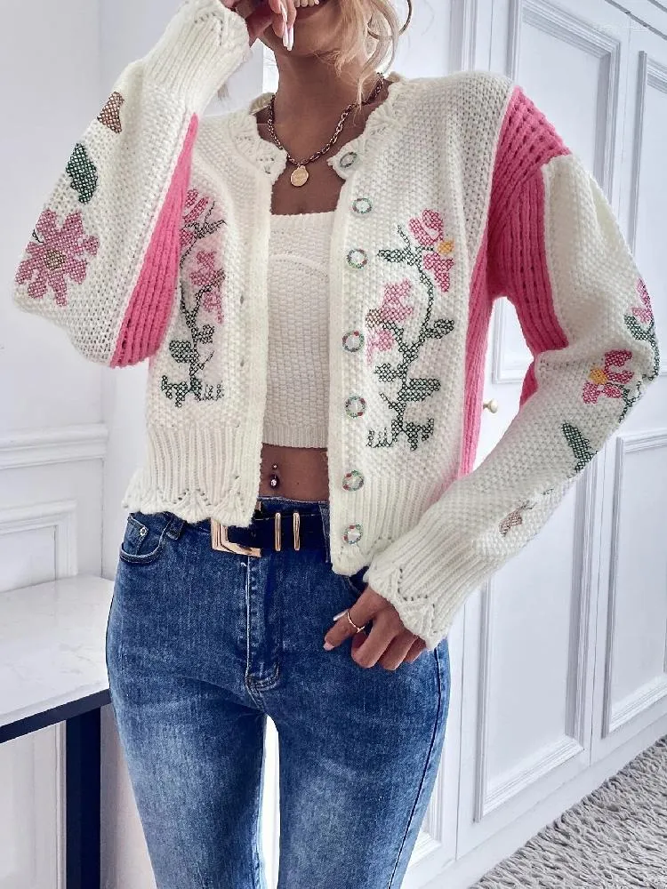 Kvinnors tröjor Spring Autumn Slim Floral Embroidery Print O-Neck Cardigan Full Sleeve Women Sweater Vintage Glamorous Short Sticking For