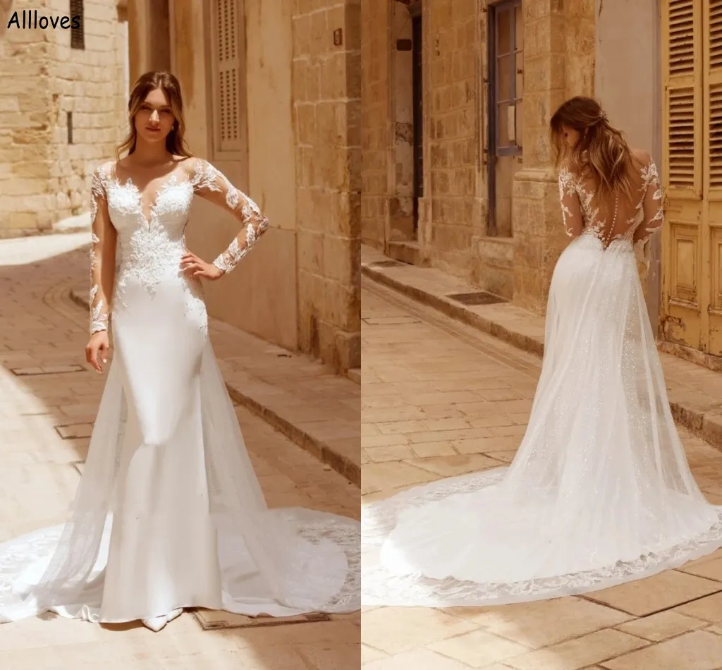 Long Sleeves Mermaid Wedding Dresses With Detachable Train Glamorous Lace Appliqued Boho Garden Bridal Gowns Illusion Buttons Back Sexy Robes de Mariee CL2467