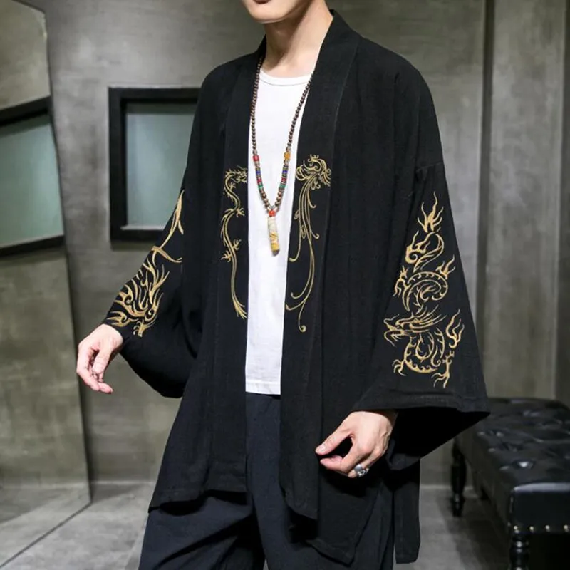 QNPQYX New Fashion Costume Ricamo Hanfu Mens Stile Cinese Abito Cardigan Giacca Kimono Oversize 5XL Antico Cappotto Maschile