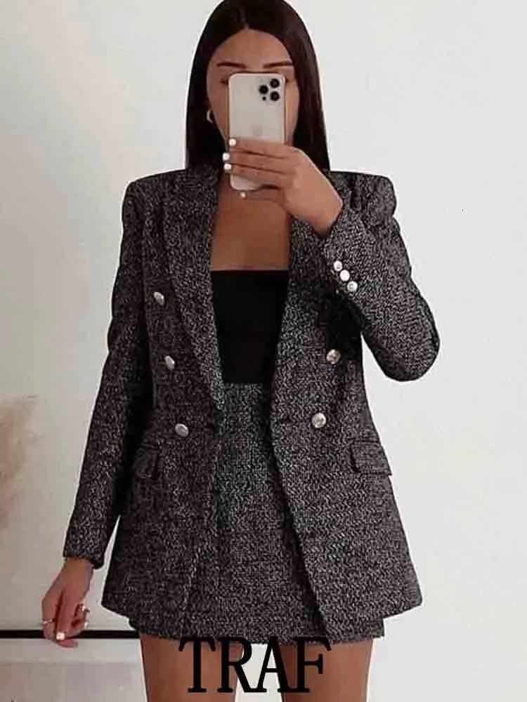 Two Piece Dress TRAF 2023 Women 2 Pieces Sets Fashion Tweed Texture Gold Double Breasted Blazer Coats Slim Mini Skirt Autumn Causal 230617