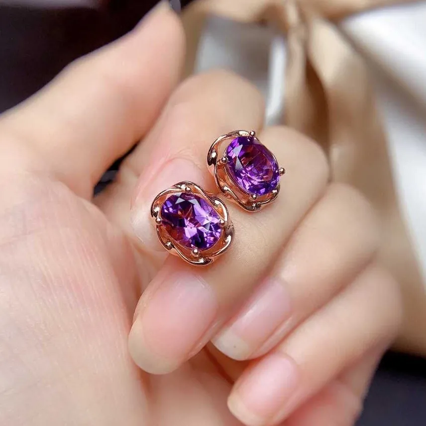 Örhänge Stud europeiska och amerikanska flickor Imitation Amethyst Zircon Diamond 18K Rose Gold Plated Flower Shaped Earrings Wedding Jewelry Party Birthday Present