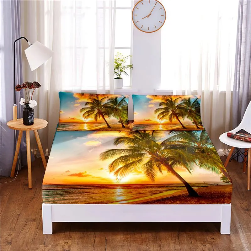 Set Sunset Beach Digital Printed 3pc Polyester Fitted Sheet Mattress Cover Four Corners with Elastic Band Bed Sheet Pillowcases